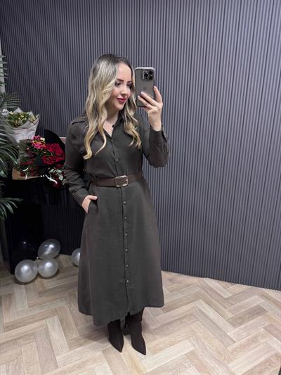 Kemerli Model Kumaş Gömlek Elbise Acı Kahve