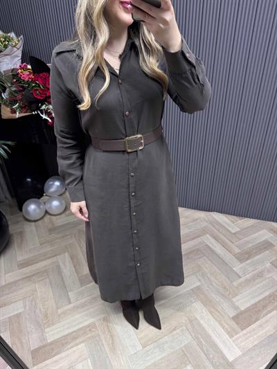 Kemerli Model Kumaş Gömlek Elbise Acı Kahve