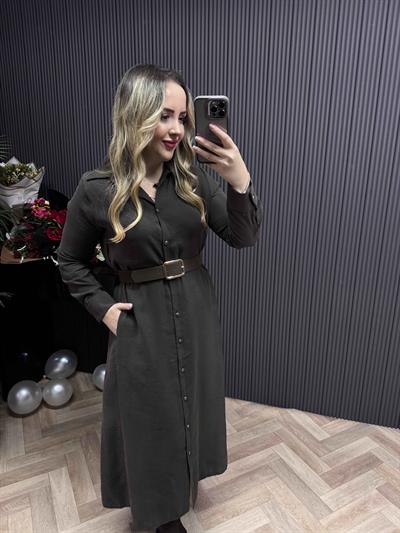 Kemerli Model Kumaş Gömlek Elbise Acı Kahve