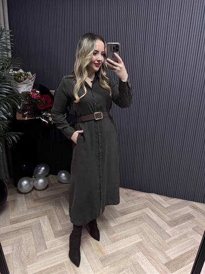 Kemerli Model Kumaş Gömlek Elbise Acı Kahve