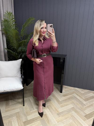 Kemerli Model Kumaş Gömlek Elbise Bordo