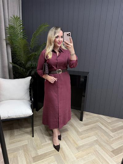 Kemerli Model Kumaş Gömlek Elbise Bordo