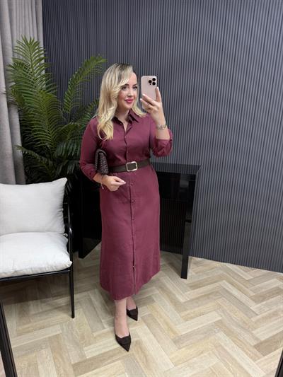 Kemerli Model Kumaş Gömlek Elbise Bordo