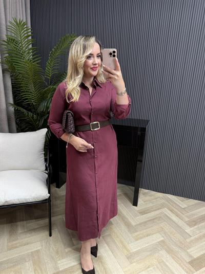 Kemerli Model Kumaş Gömlek Elbise Bordo
