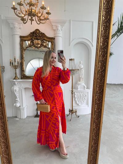 Kemerli Pembe Turuncu  Pamuk Viskon Düğmeli Elbise