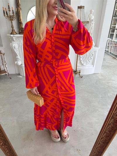 Kemerli Pembe Turuncu  Pamuk Viskon Düğmeli Elbise