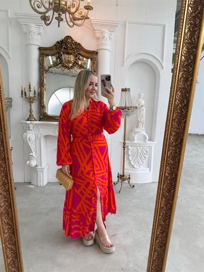 Kemerli Pembe Turuncu  Pamuk Viskon Düğmeli Elbise