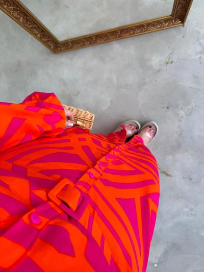 Kemerli Pembe Turuncu  Pamuk Viskon Düğmeli Elbise