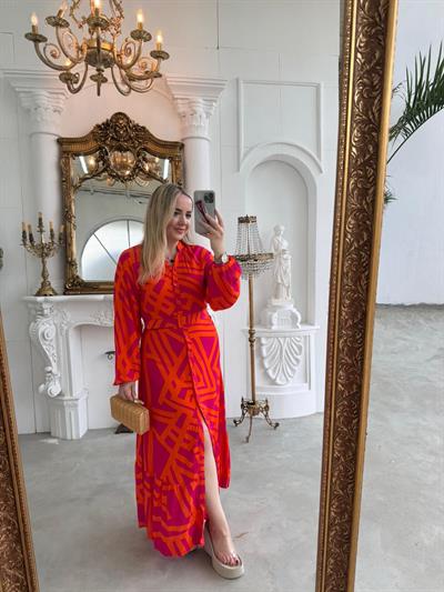 Kemerli Pembe Turuncu  Pamuk Viskon Düğmeli Elbise