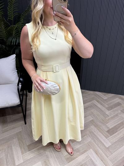 Kemerli Pileli Tasarım Elbise Sarı
