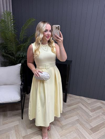 Kemerli Pileli Tasarım Elbise Sarı