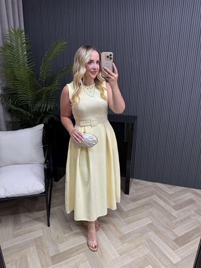 Kemerli Pileli Tasarım Elbise Sarı