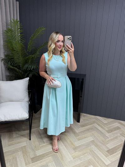 Kemerli Pileli Tasarım Elbise Su Yeşili