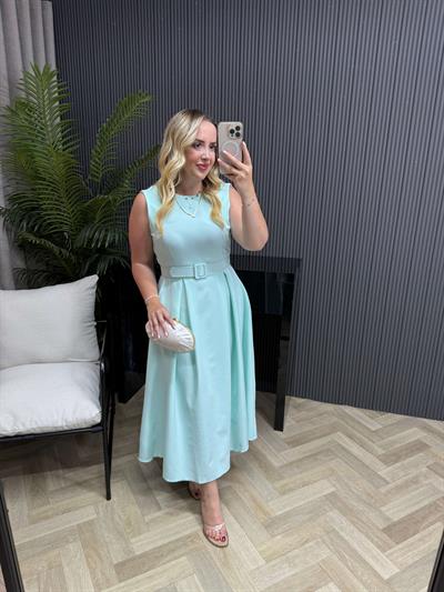 Kemerli Pileli Tasarım Elbise Su Yeşili