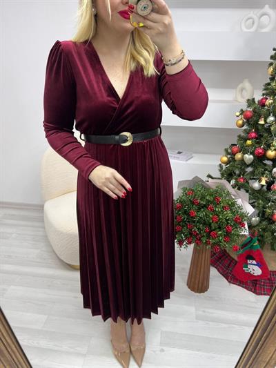 Kemerli Piliseli Kadife Elbise Bordo