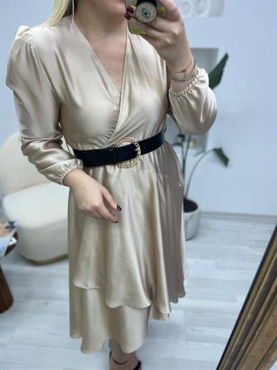 Kemerli Saten Elbise Bronz