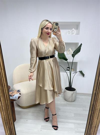 Kemerli Saten Elbise Bronz
