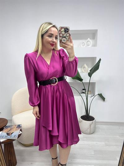 Kemerli Saten Elbise Fuşya