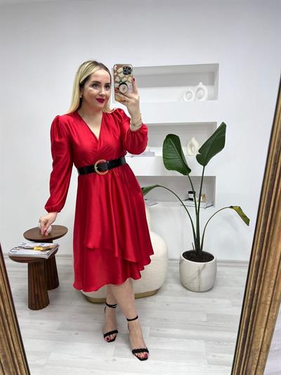 Kemerli Saten Elbise Kirmizi