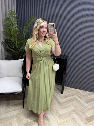 Kemerli Tensel Kumaş Elbiseler Olive