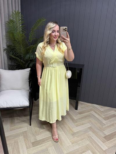 Kemerli Tensel Kumaş Elbiseler Sarı