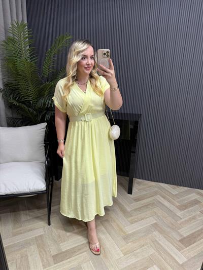 Kemerli Tensel Kumaş Elbiseler Sarı