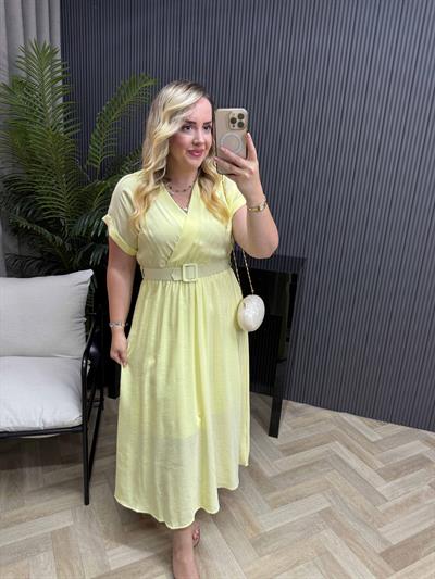 Kemerli Tensel Kumaş Elbiseler Sarı