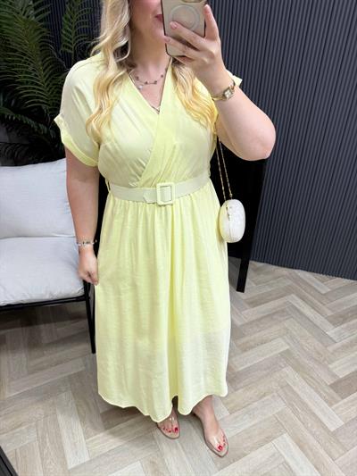 Kemerli Tensel Kumaş Elbiseler Sarı