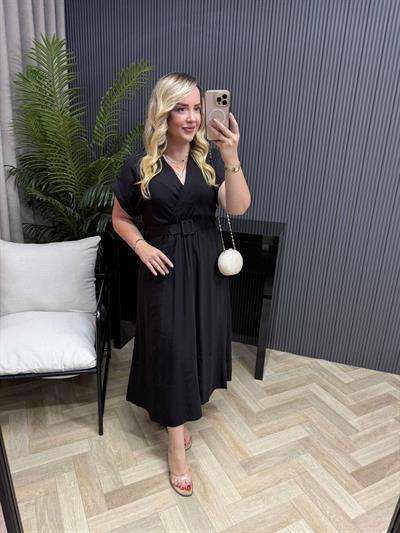 Kemerli Tensel Kumaş Elbiseler Siyah