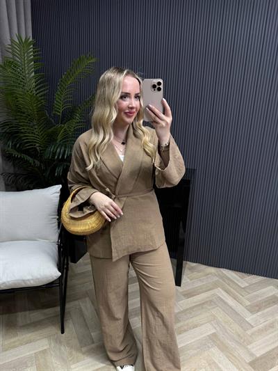 Kimonulu Keten Takım Kahverengi