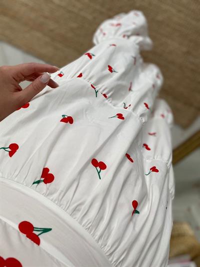 Kirazlı V Yaka Poplin Elbise
