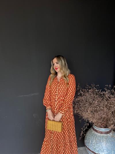 Kiremit Bej Desenli Pamuk Keten Gömlek Elbise