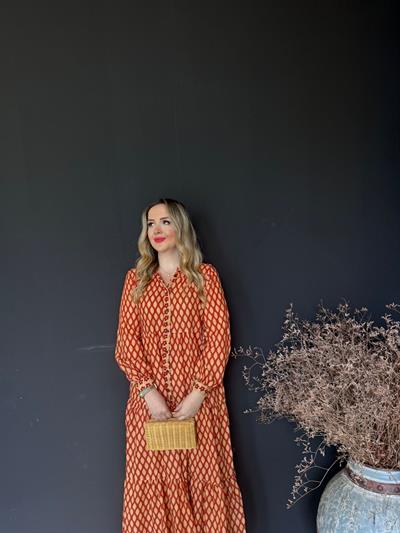 Kiremit Bej Desenli Pamuk Keten Gömlek Elbise