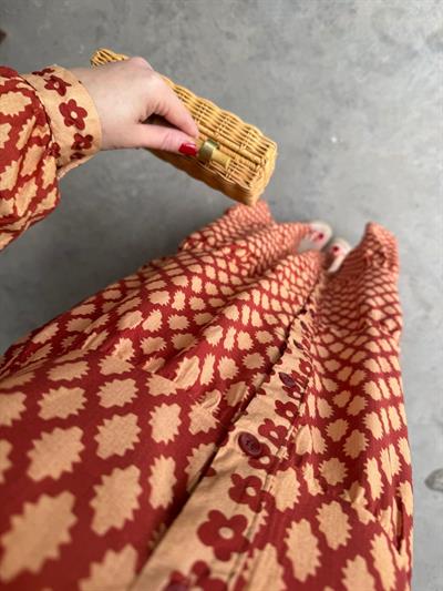 Kiremit Bej Desenli Pamuk Keten Gömlek Elbise