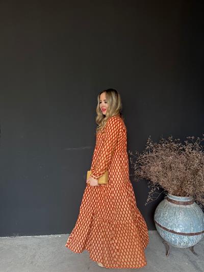 Kiremit Bej Desenli Pamuk Keten Gömlek Elbise