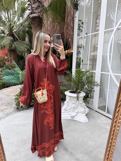 Kiremit Desenli Boheme Elbise