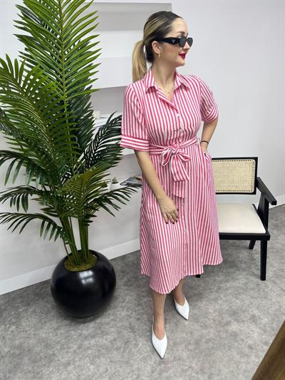 Kirmizi Çizgili Keten Gömlek Elbise