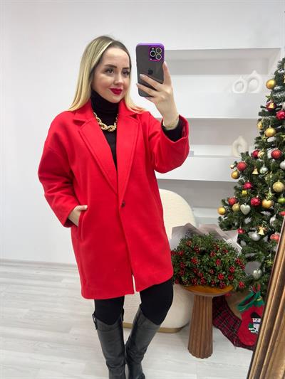 Kirmizi Kaşe Kaban Oversize Midi Boy
