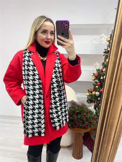 Kirmizi Kaşe Kaban Oversize Midi Boy