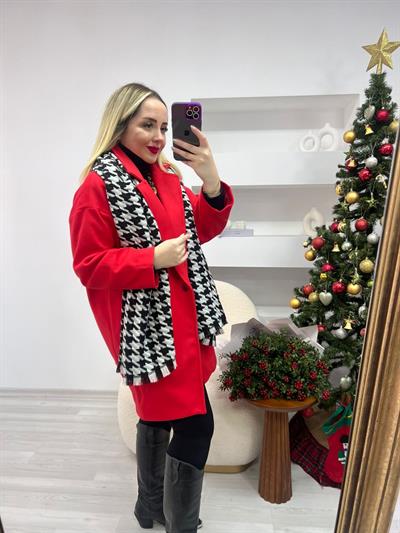 Kirmizi Kaşe Kaban Oversize Midi Boy