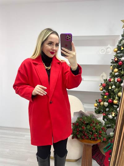 Kirmizi Kaşe Kaban Oversize Midi Boy