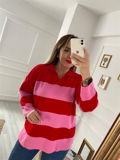 Kirmizi Pembe Çizgili Yakalı Triko Kazak