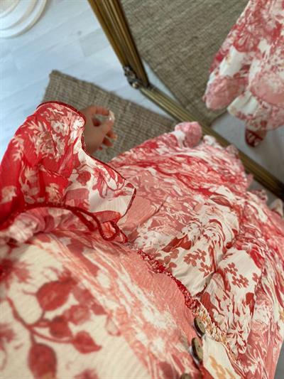 Kirmizi Pembe Detaylı Şifon Tasarım Elbise