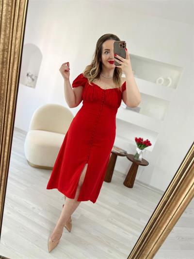Kirmizi Prenses Model Güğmeli Elbise