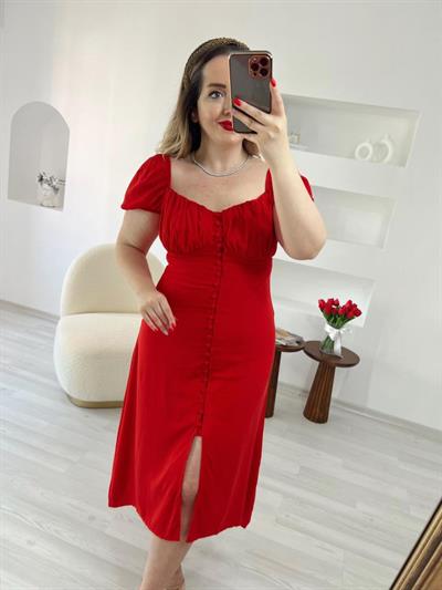 Kirmizi Prenses Model Güğmeli Elbise