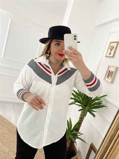 Kirmizi Şerit Detaylı Beyaz Gömlek