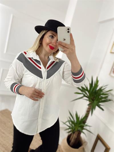 Kirmizi Şerit Detaylı Beyaz Gömlek