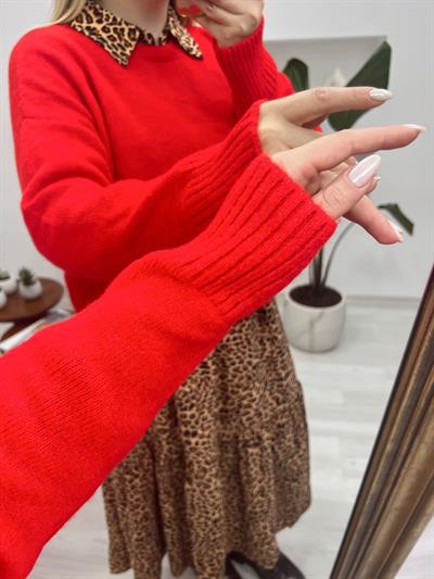 Kırmızı Triko Basic Kazak