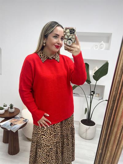 Kırmızı Triko Basic Kazak