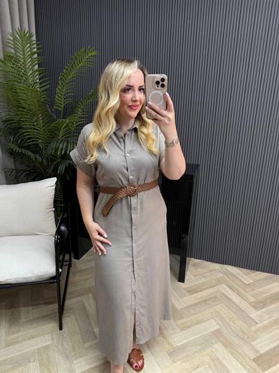 Kısa Kollu Düğmeli Kemerli Ham Keten Elbise Vizon